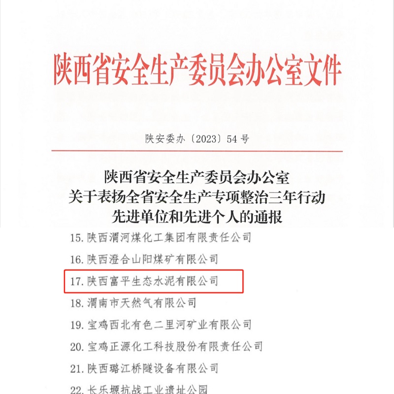 喜報！富平公司榮獲“陜西省安全生產(chǎn)專(zhuān)項整治三年行動(dòng)先進(jìn)單位”稱(chēng)號！