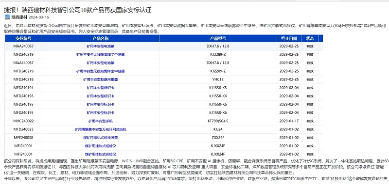奮進(jìn)陜煤、陜煤集團官網(wǎng) | 捷報！陜西建材科技智引公司10款產(chǎn)品再獲國家安標認證